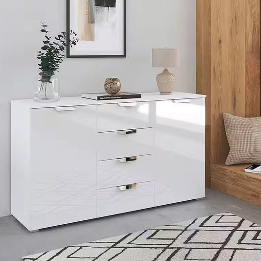 Rauch Glamour Chest of 2 Door & 4 Drawer White High Gloss Effect - Styled in a Bedroom