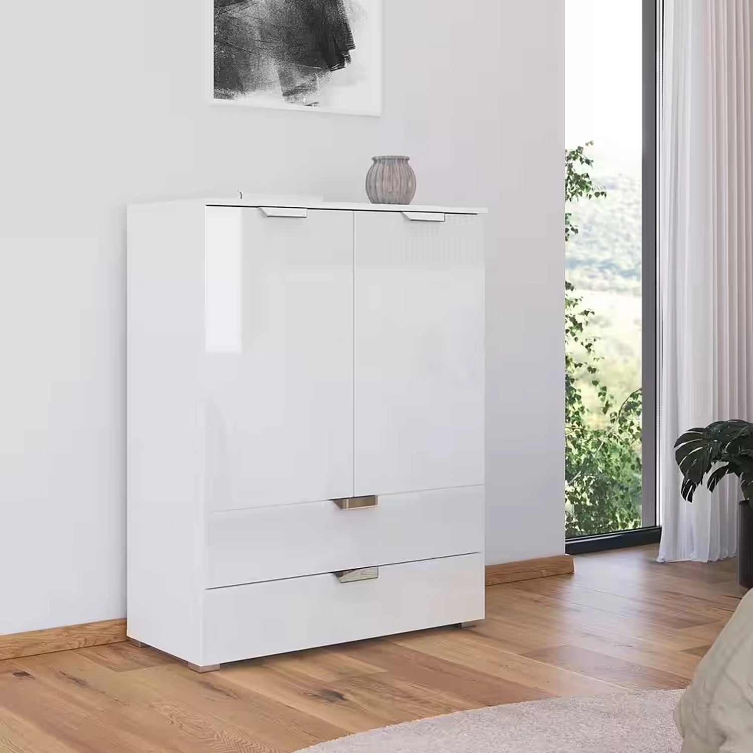Rauch Glamour Chest of Tall 2 Door & 2 Drawer White High Gloss Effect - Styled in a Bedroom