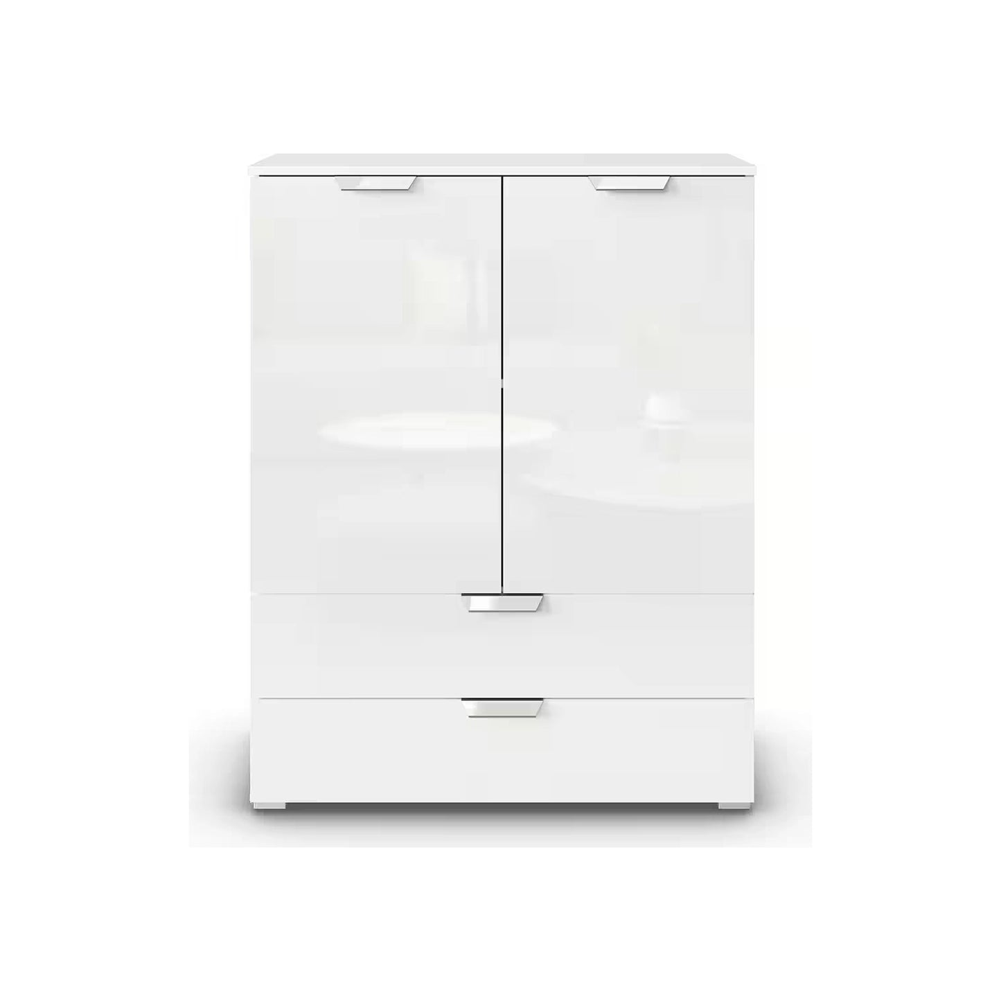 Rauch Glamour Chest of Tall 2 Door & 2 Drawer White High Gloss Effect - Front Closeup View