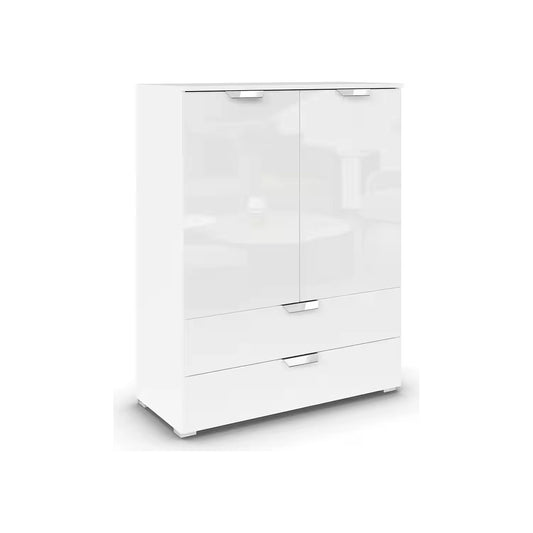 Rauch Glamour Chest of Tall 2 Door & 2 Drawer White High Gloss Effect - Side Closeup View