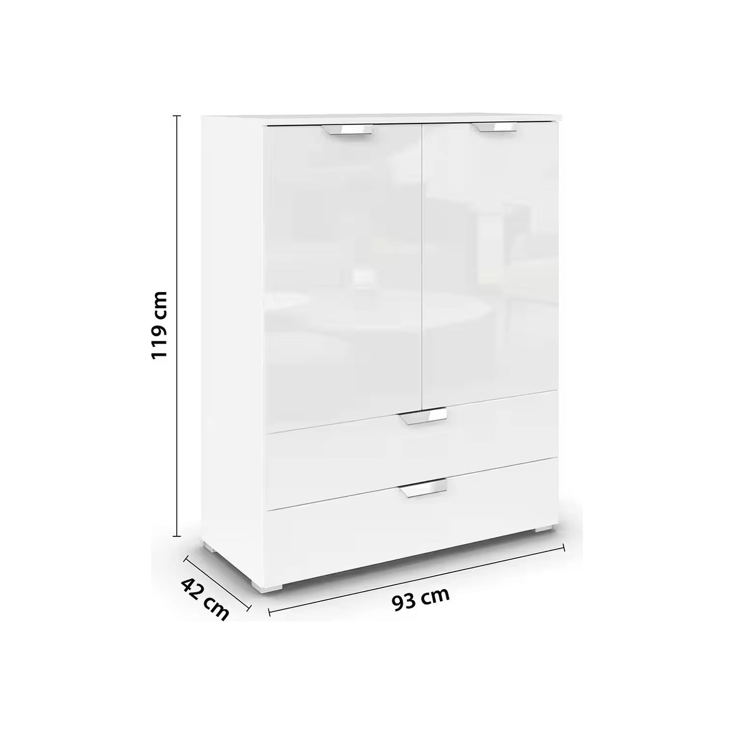 Rauch Glamour Chest of Tall 2 Door & 2 Drawer White High Gloss Effect - Dimensions