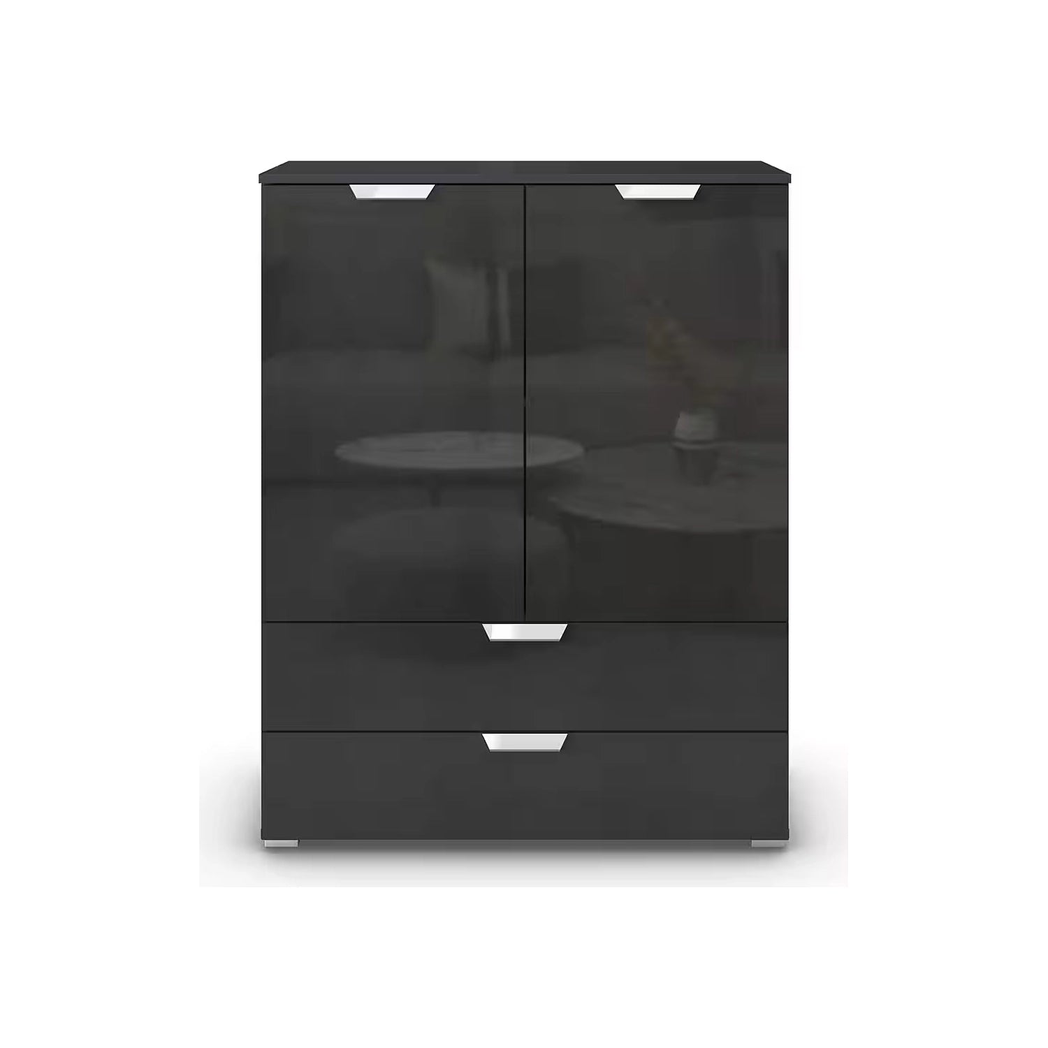Rauch Glamour Chest of Tall 2 Door & 2 Drawer Grey High Gloss Effect - Front Closeup View