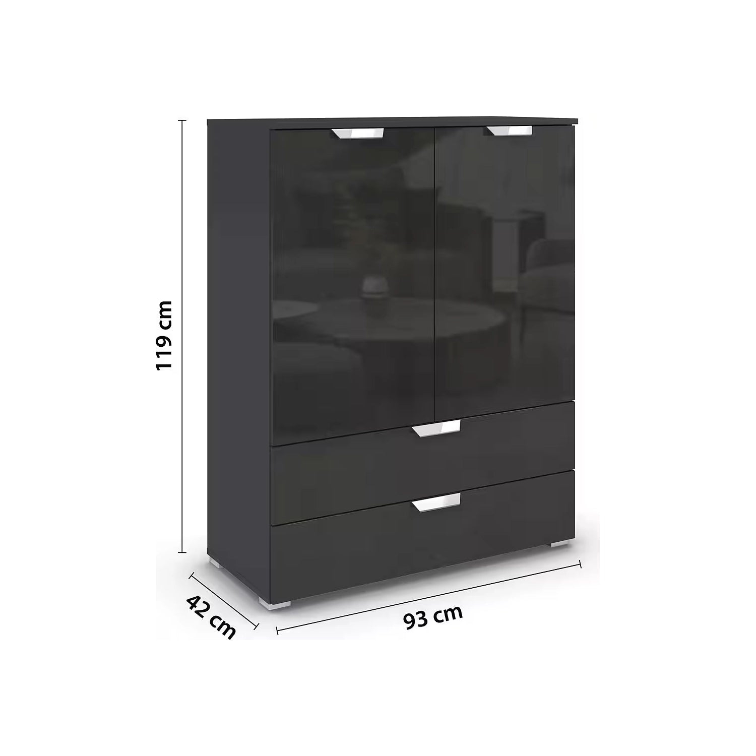 Rauch Glamour Chest of Tall 2 Door & 2 Drawer Grey High Gloss Effect - Dimensions