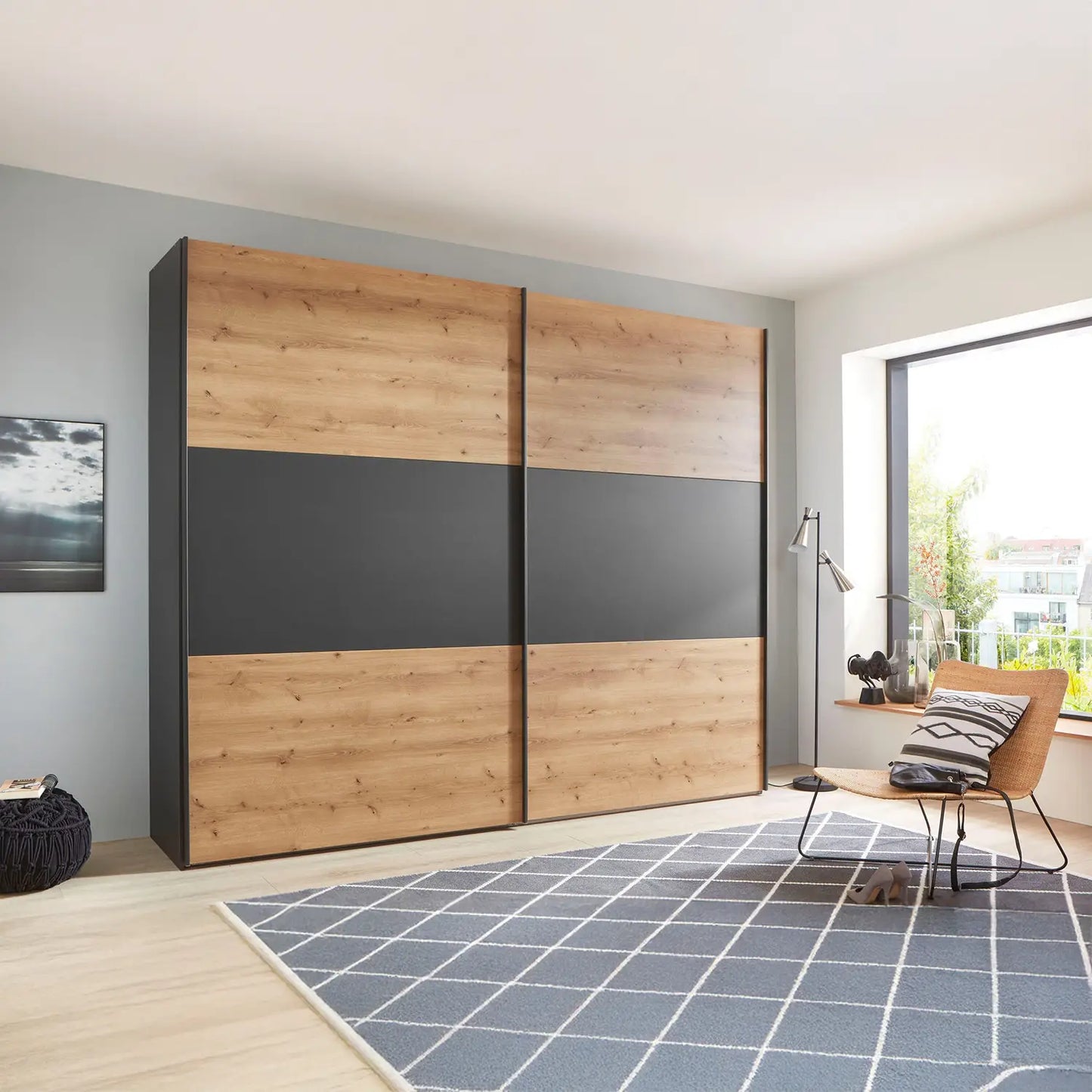 Corfu Bianco Oak & Graphite Sliding Door Wardrobe