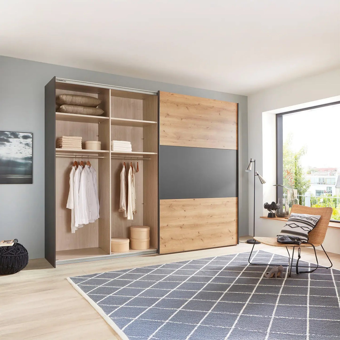 Corfu Bianco Oak & Graphite Sliding Door Wardrobe
