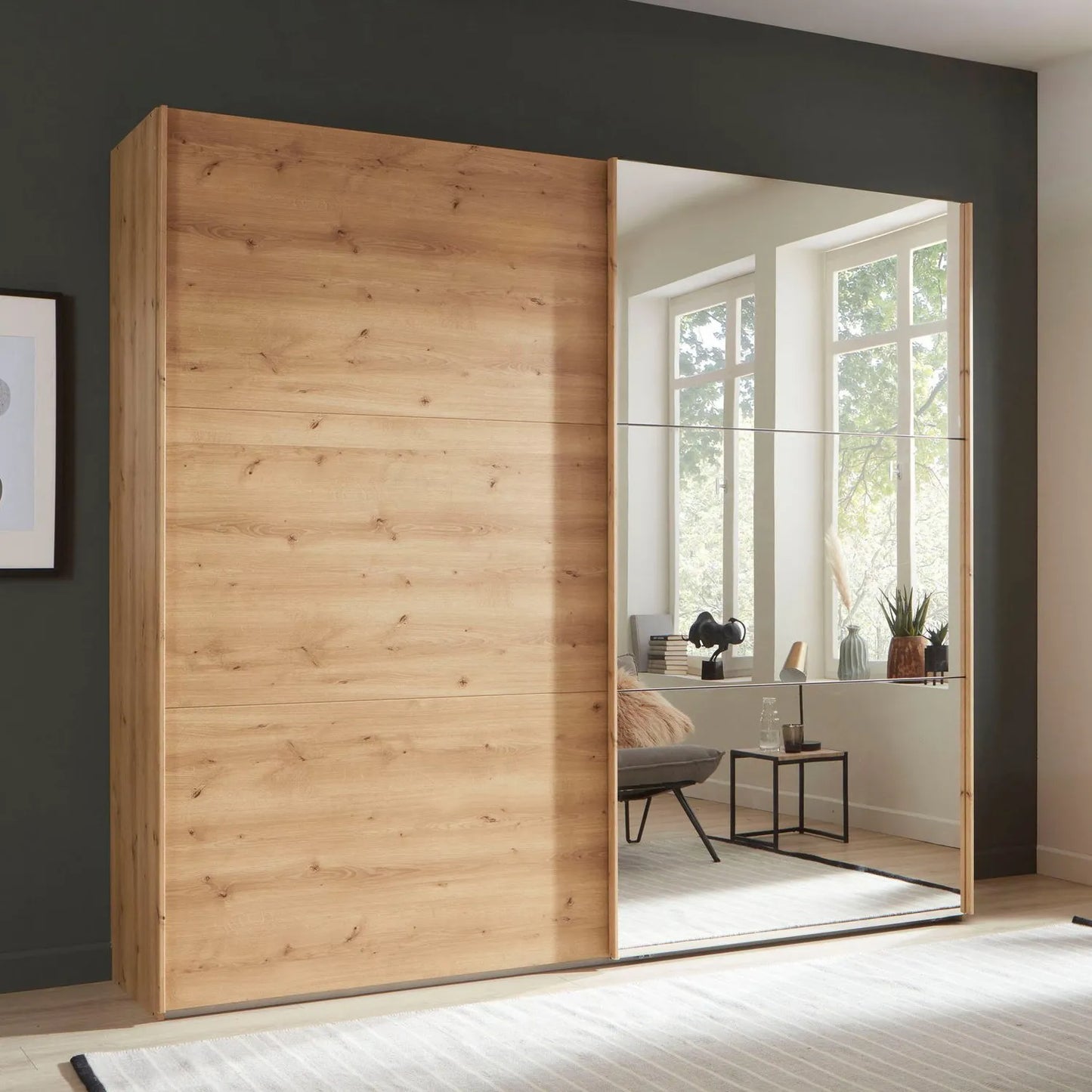 Modern Corfu Bianco Oak and Mirror Front Sliding Door Wardrobe by Wiemann