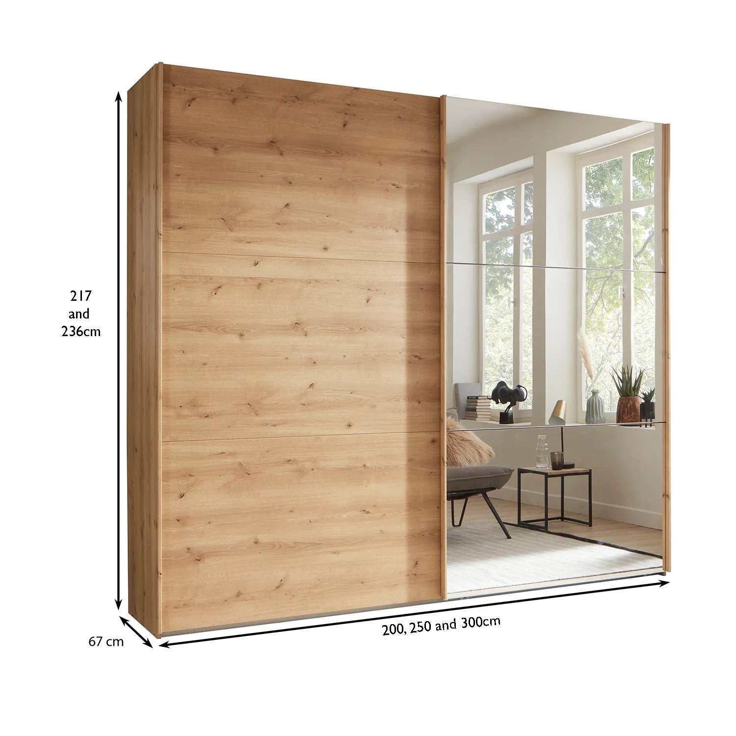 Wooden wardrobe with mirror and dimensions on a white background