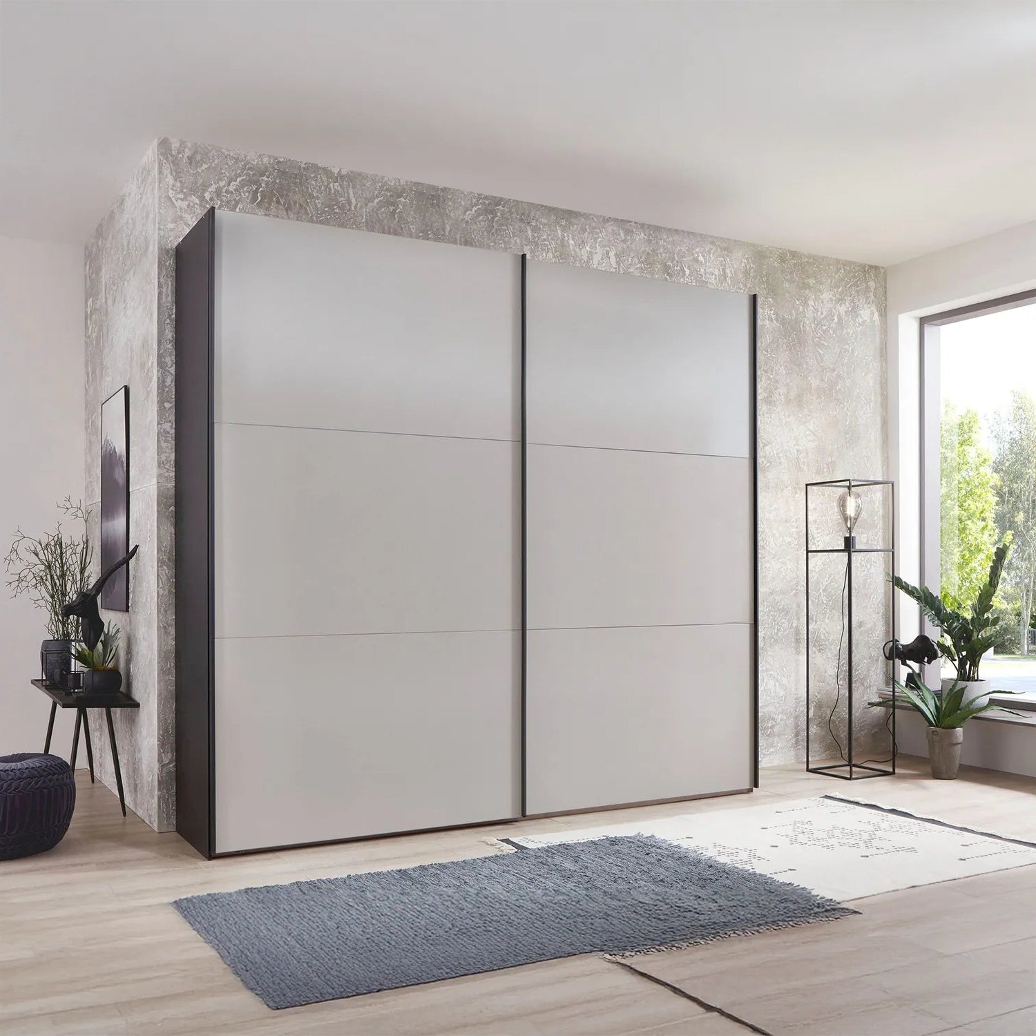 Corfu Graphite and Pebble Grey Sliding Door Wardrobe - Styled in a Bedroom