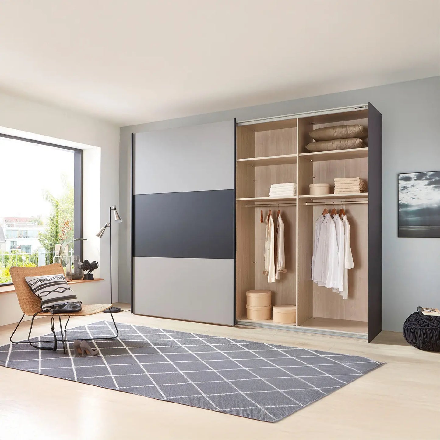Corfu Graphite and Pebble Grey Sliding Door Wardrobe by Wiemann