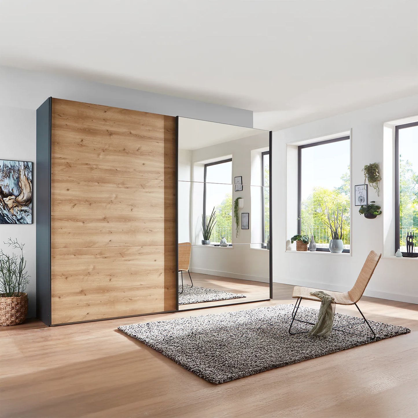 Corfu Sliding Door Wardrobe with Graphite Carcase, Bianco Oak and Mirror Front