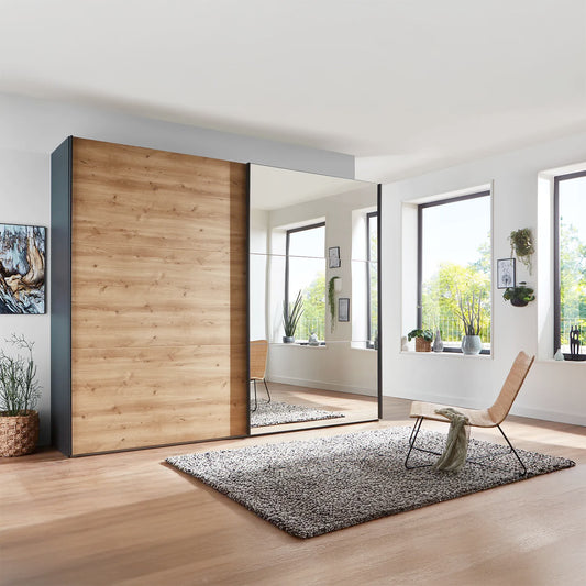 Corfu Sliding Door Wardrobe with Graphite Carcase, Bianco Oak and Mirror Front