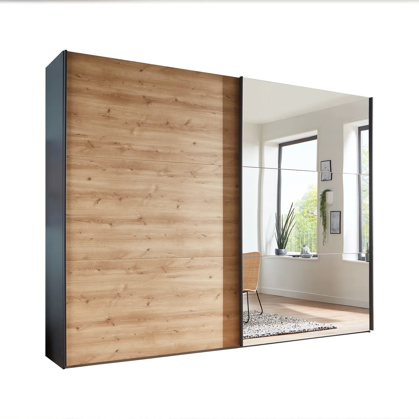 Corfu Sliding Door Wardrobe with Graphite Carcase, Bianco Oak and Mirror Front