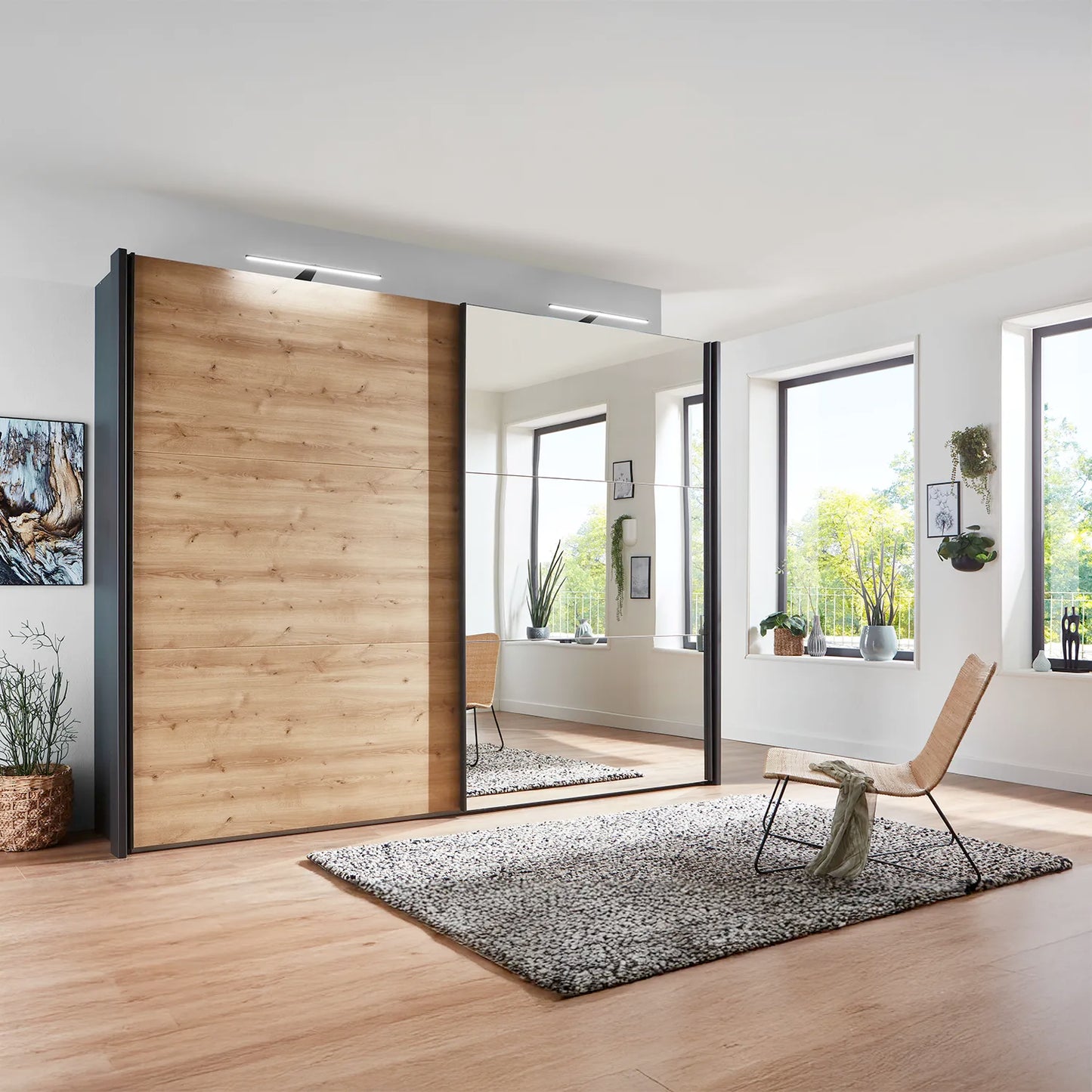 Corfu Sliding Door Wardrobe with Graphite Carcase, Bianco Oak and Mirror Front