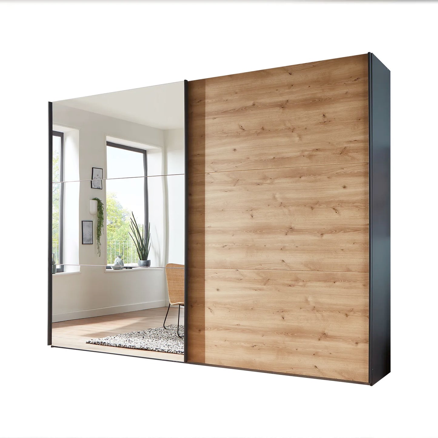 Corfu Sliding Door Wardrobe with Graphite Carcase, Bianco Oak and Mirror Front