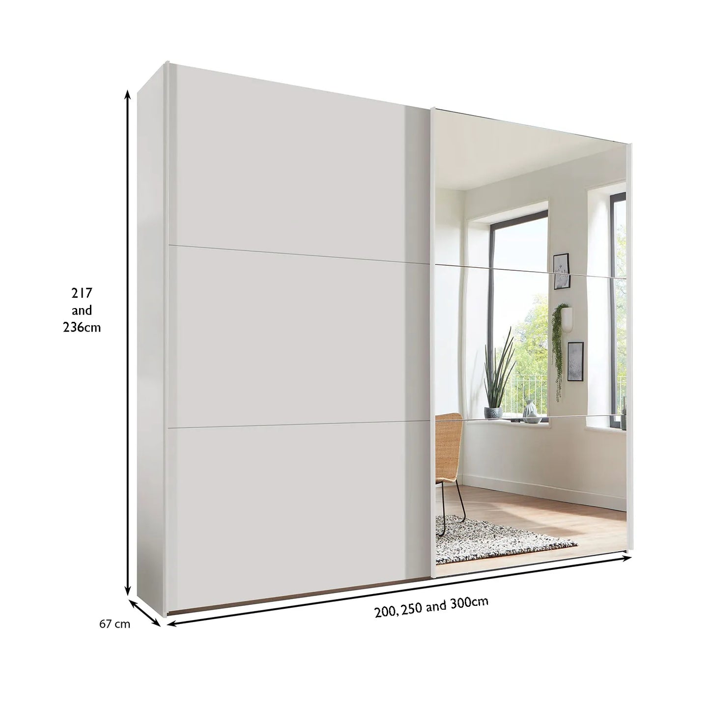 White sliding wardrobe with dimensions indicated on a white background