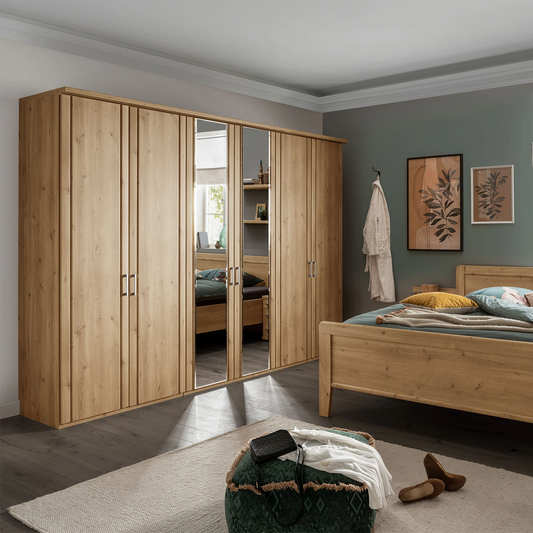 6 Door Bianco Oak Wardrobe with Mirror