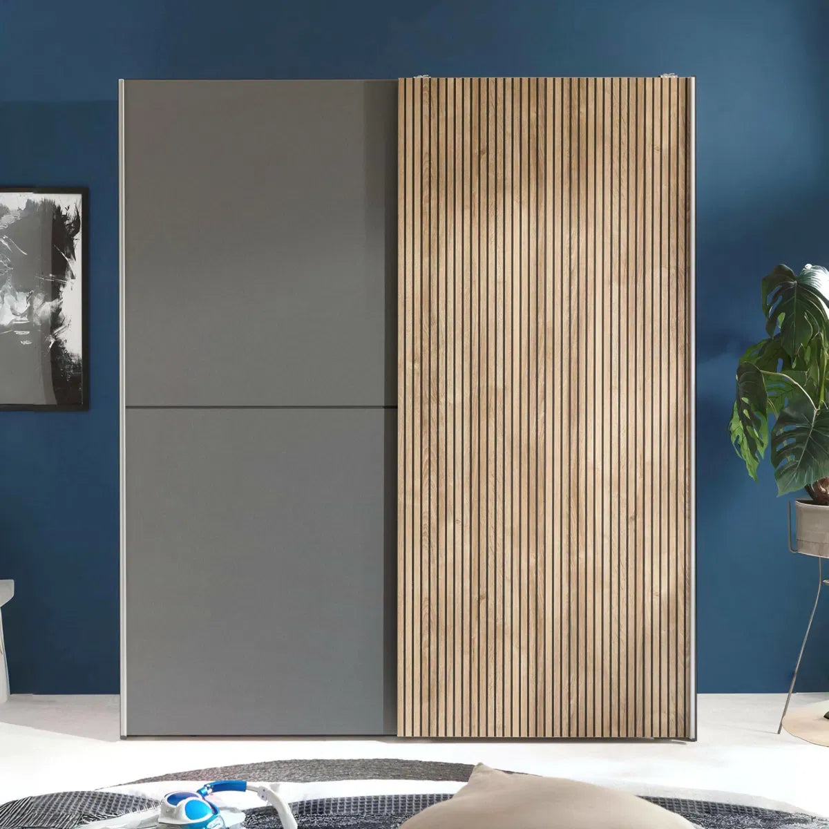 Dorset Grey and Slatted Sliding 2 Door Wardrobe 170cm - Front View