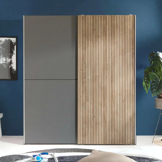 Dorset Grey and Slatted Sliding 2 Door Wardrobe 170cm - Front View