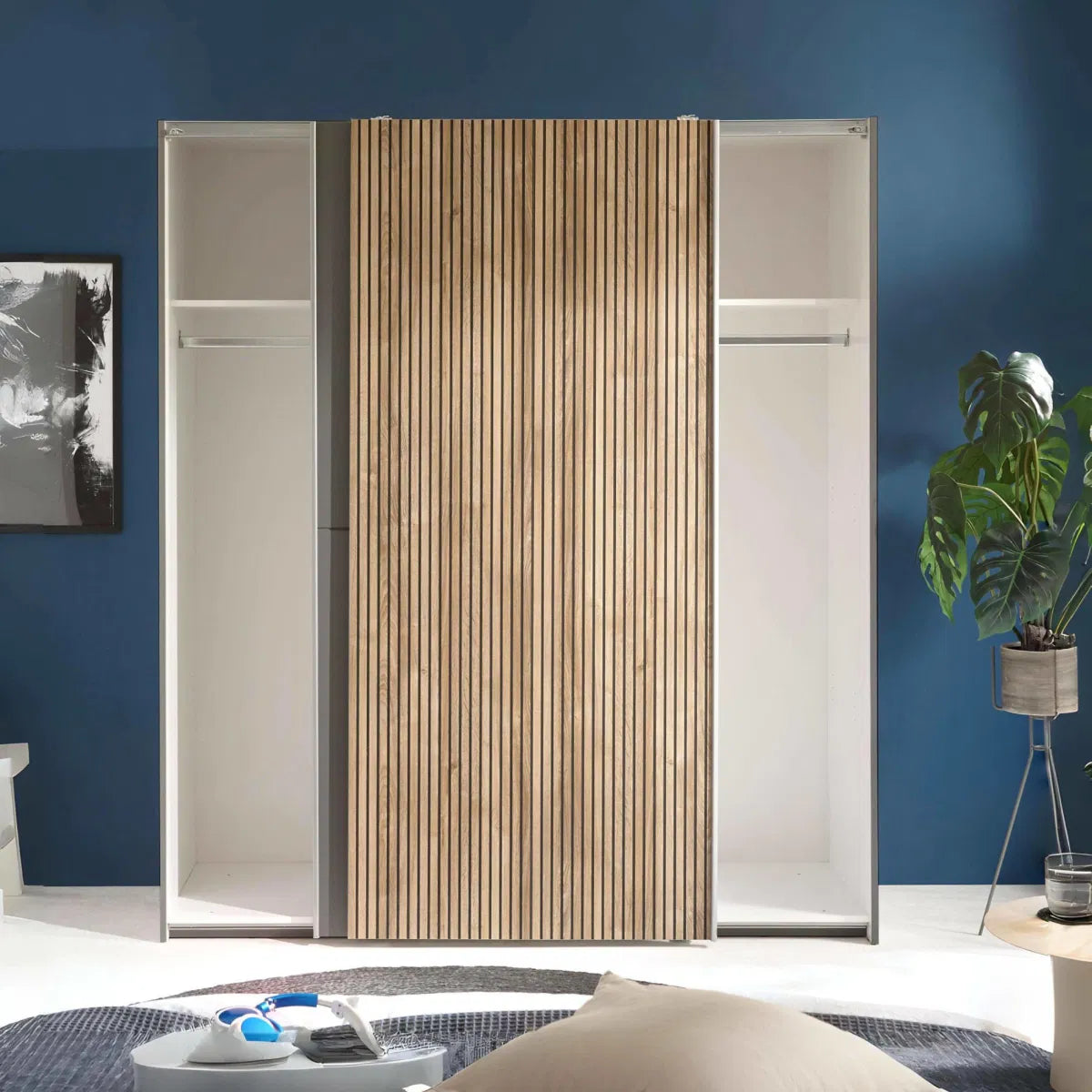 Dorset grey and slatted sliding 2 door wardrobe 170cm