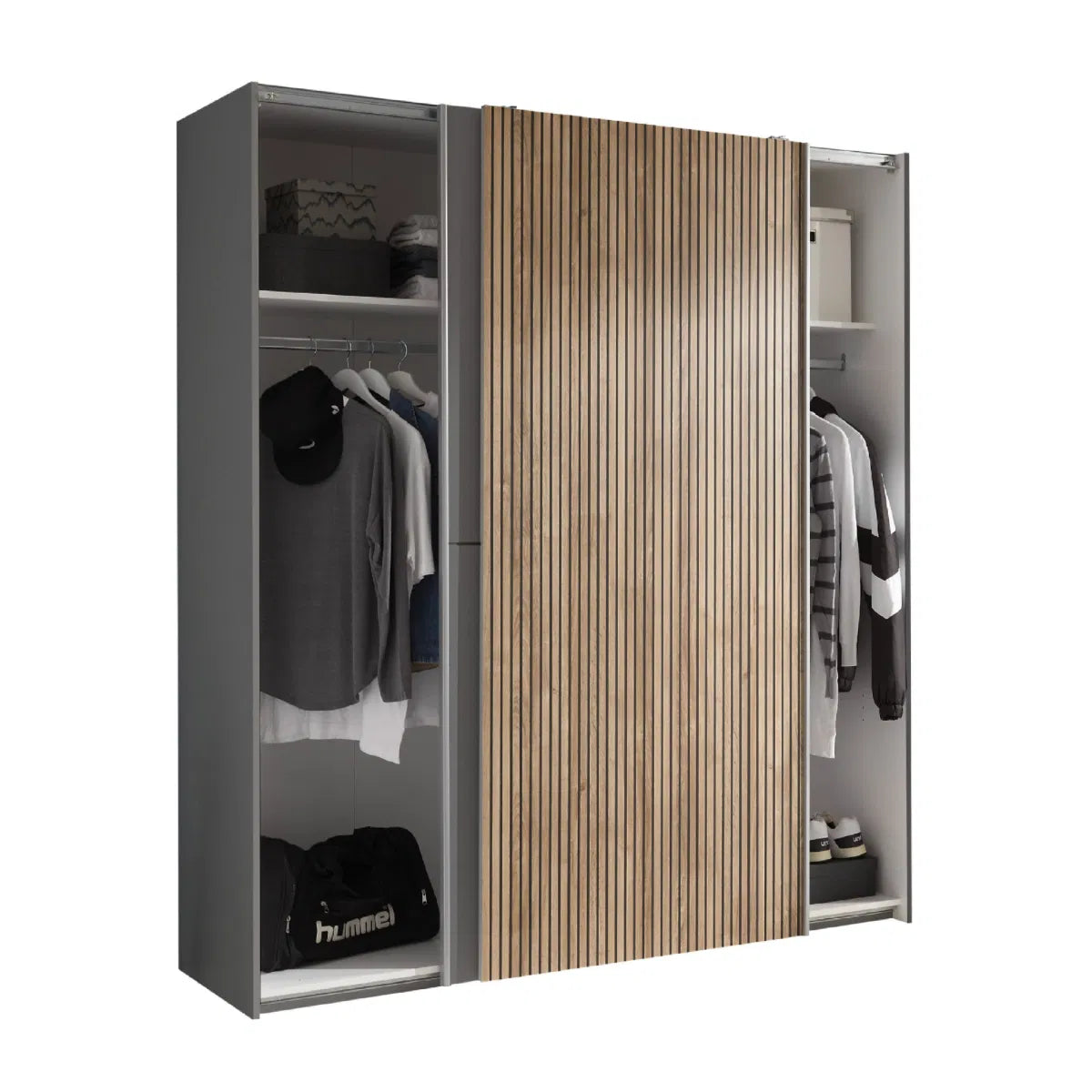 Modern grey sliding wardrobe with slatted effect door