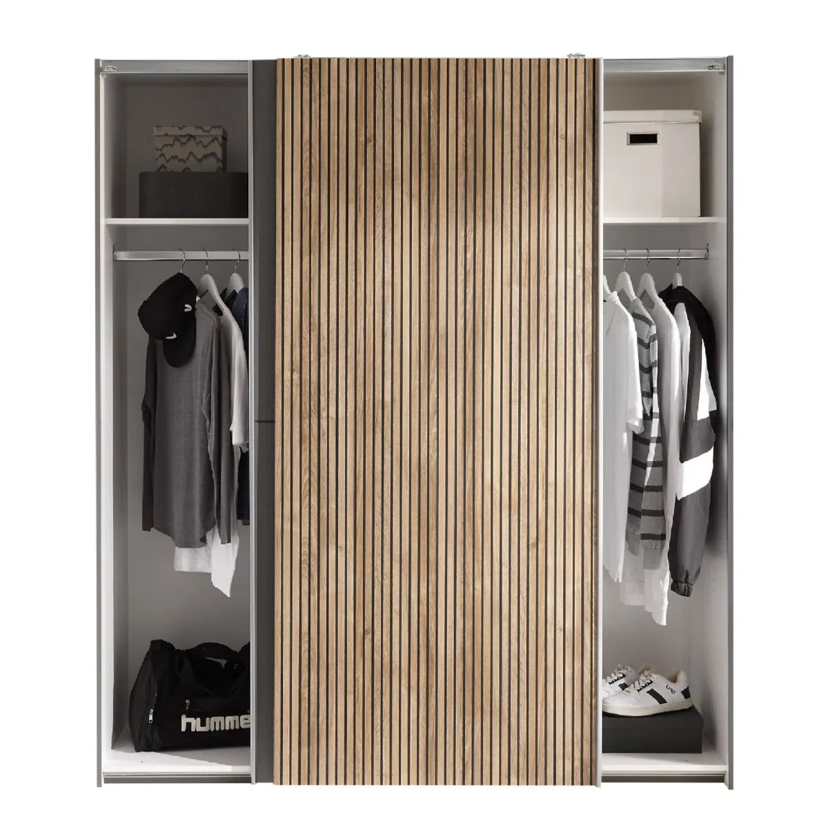 Space-saving 2 door sliding wardrobe in grey finish