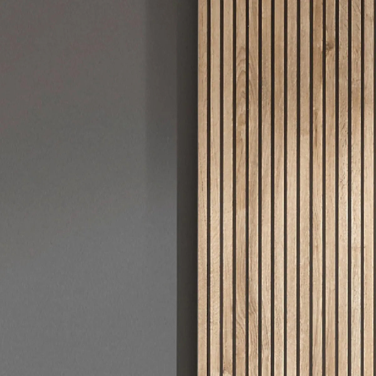 Grey wardrobe with slatted panel design and sliding doors