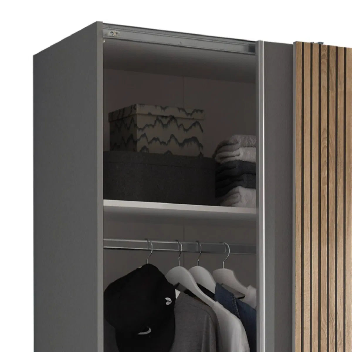 Close up of Dorset grey and slatted sliding 2 door wardrobe 170cm