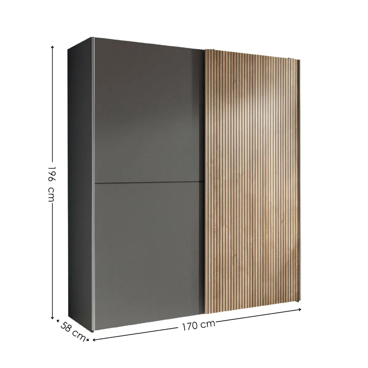 Dorset grey and slatted sliding 2 door wardrobe 170cm with dimensions labeled on a white background