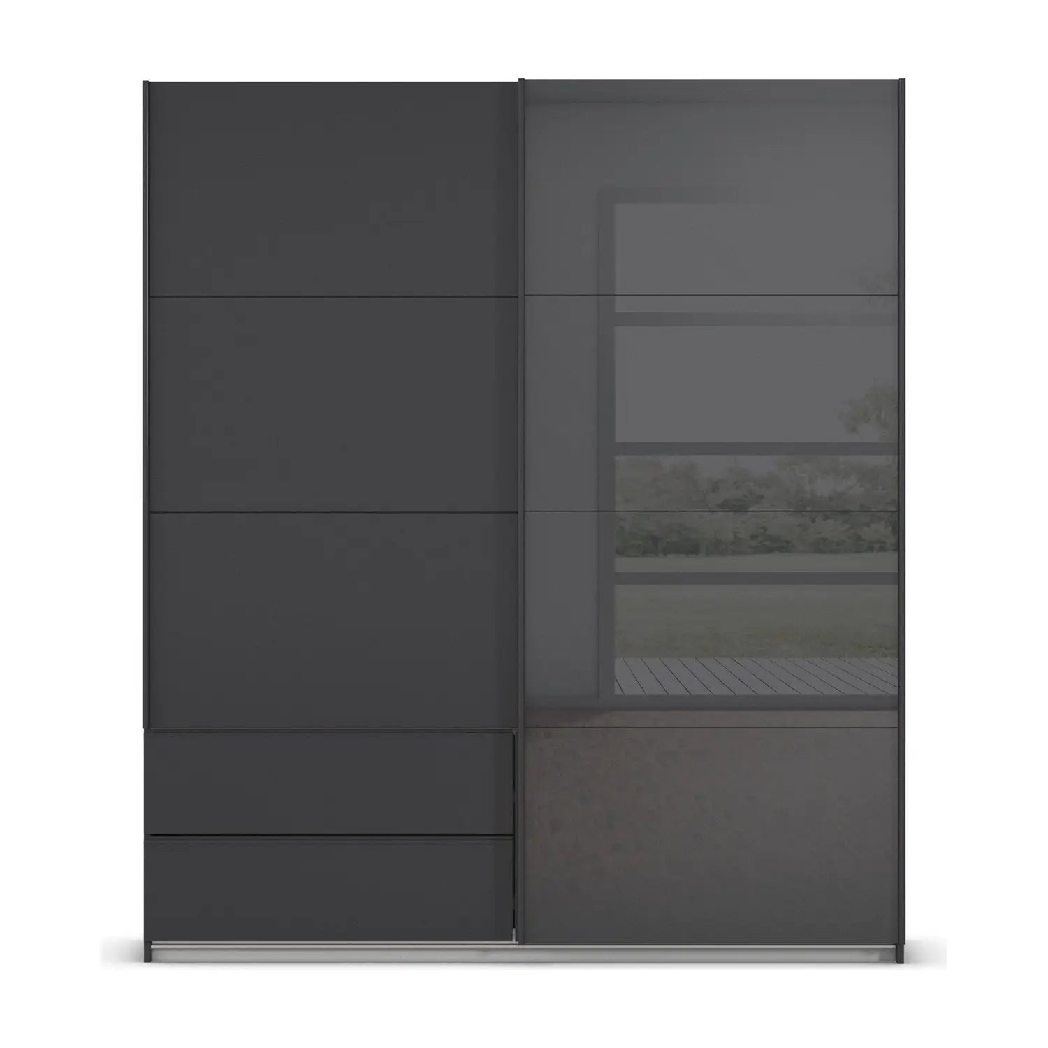 Elon 181cm Graphite & Basalt Glass Sliding 2 Door Wardrobe with Drawers - Front view