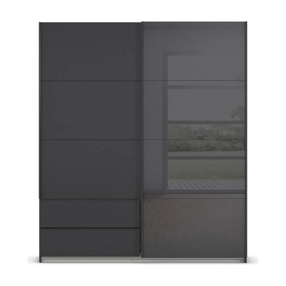 Elon 181cm Graphite & Basalt Glass Sliding 2 Door Wardrobe with Drawers - Front view
