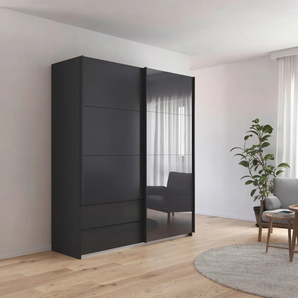 Elon 181cm Graphite & Basalt Glass Sliding 2 Door Wardrobe with Drawers - Styled in a Bedroom