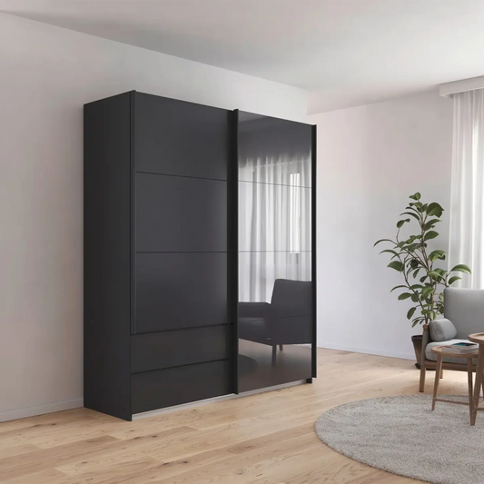 Elon 181cm Graphite & Basalt Glass Sliding 2 Door Wardrobe with Drawers - Styled in a Bedroom