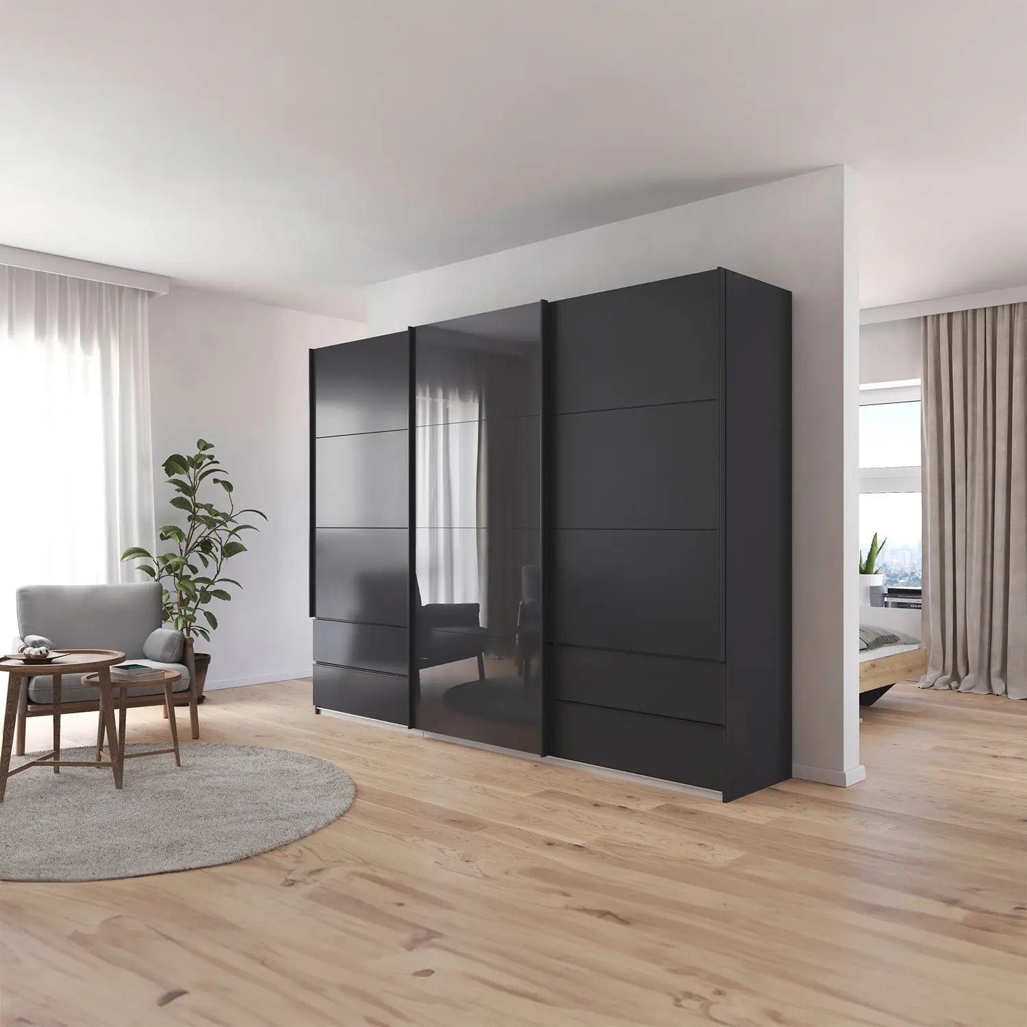 Elon 181cm Graphite & Basalt Glass Sliding 3 Door Wardrobe with Drawers - Styled in a Bedroom