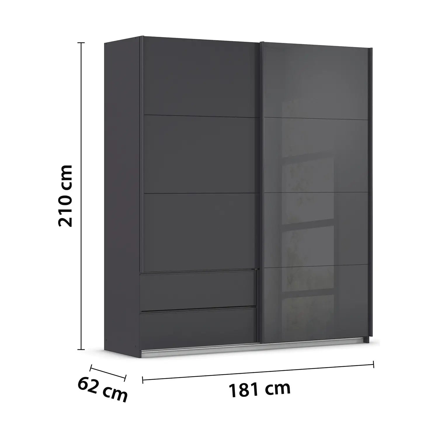 Elon 181cm Graphite & Basalt Glass Sliding 2 Door Wardrobe with Drawers - Dimensions