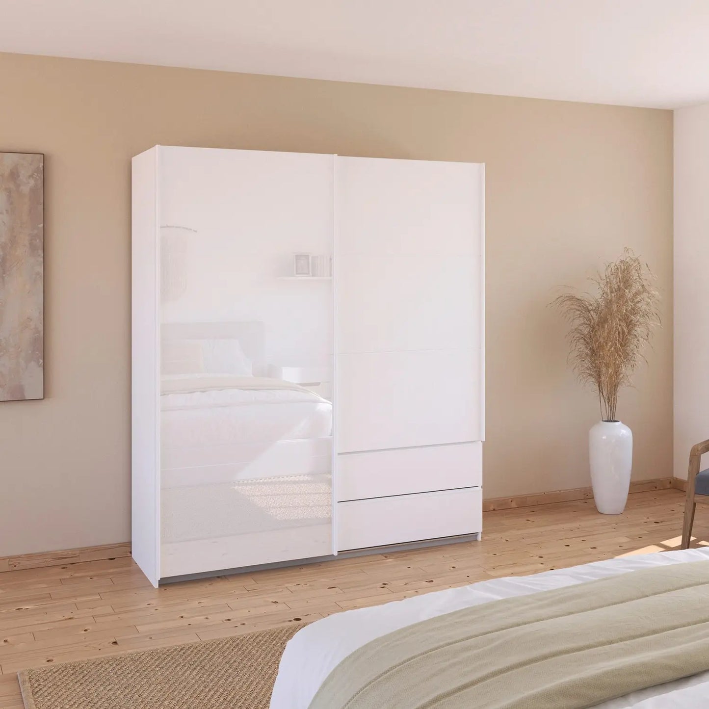 Elon 181cm White 2 Door Sliding Wardrobe with Drawers - Styled in a Bedroom