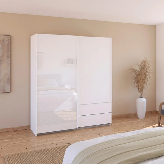 Elon 181cm White 2 Door Sliding Wardrobe with Drawers - Styled in a Bedroom