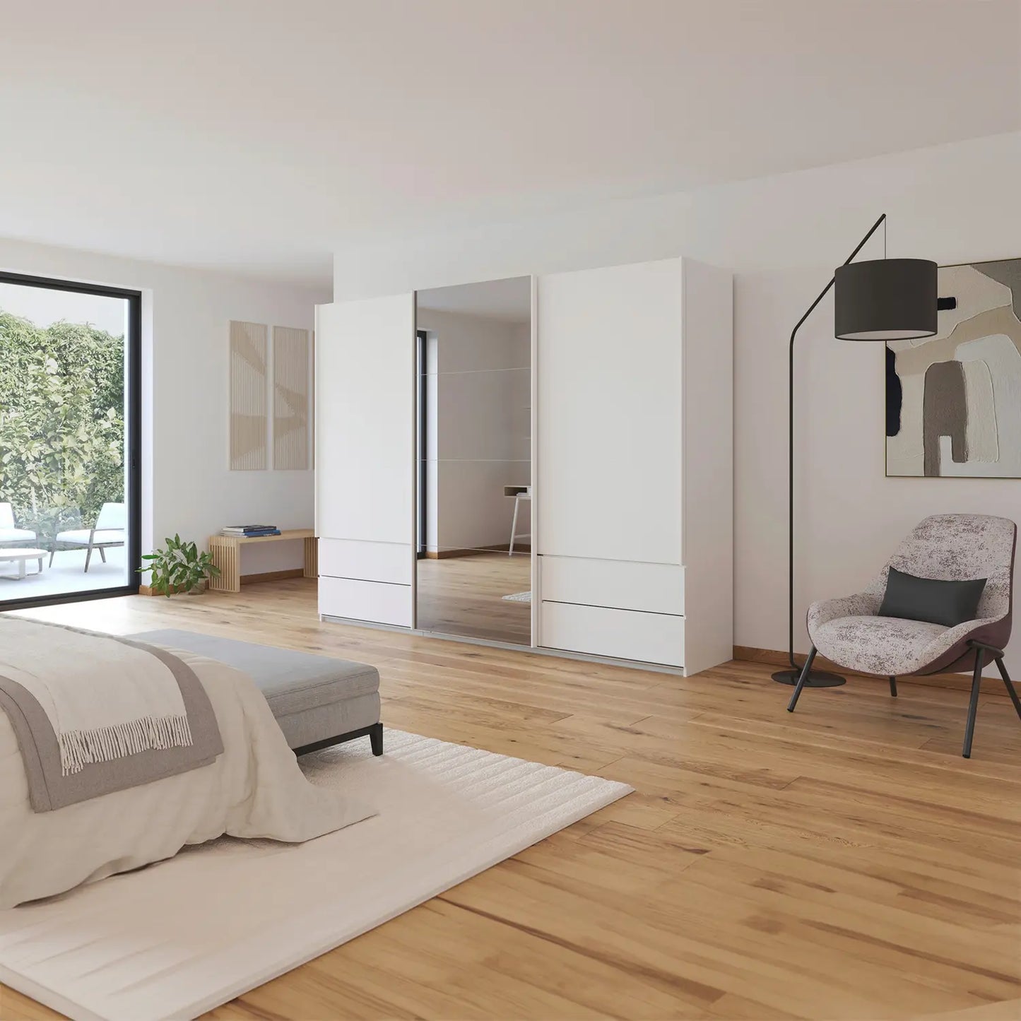 Elon 181cm White Sliding 3 Door Wardrobe with Drawers & Grey Mirror - Styled in a Bedroom