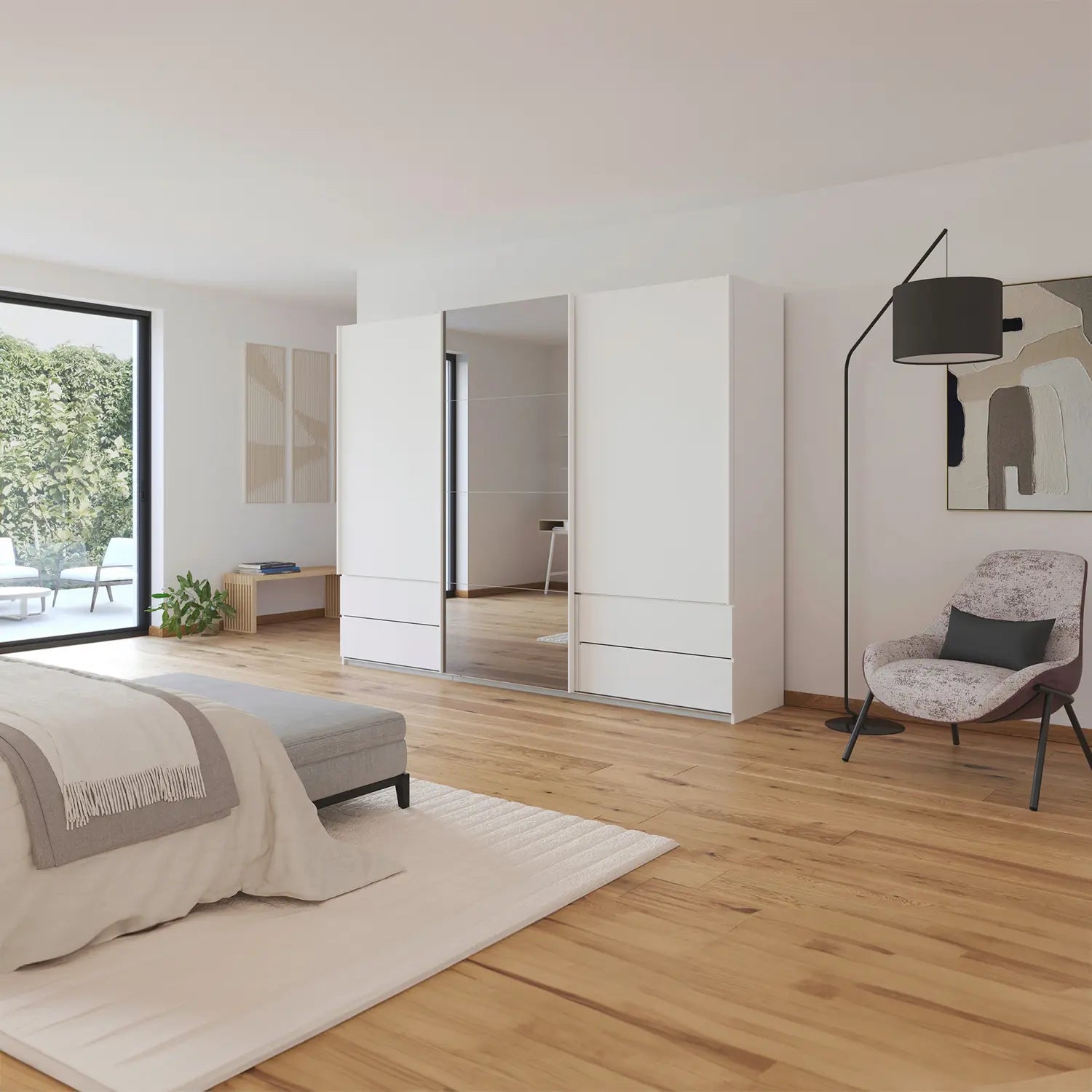 Elon 181cm White Sliding 3 Door Wardrobe with Drawers & Grey Mirror - Styled in a Bedroom