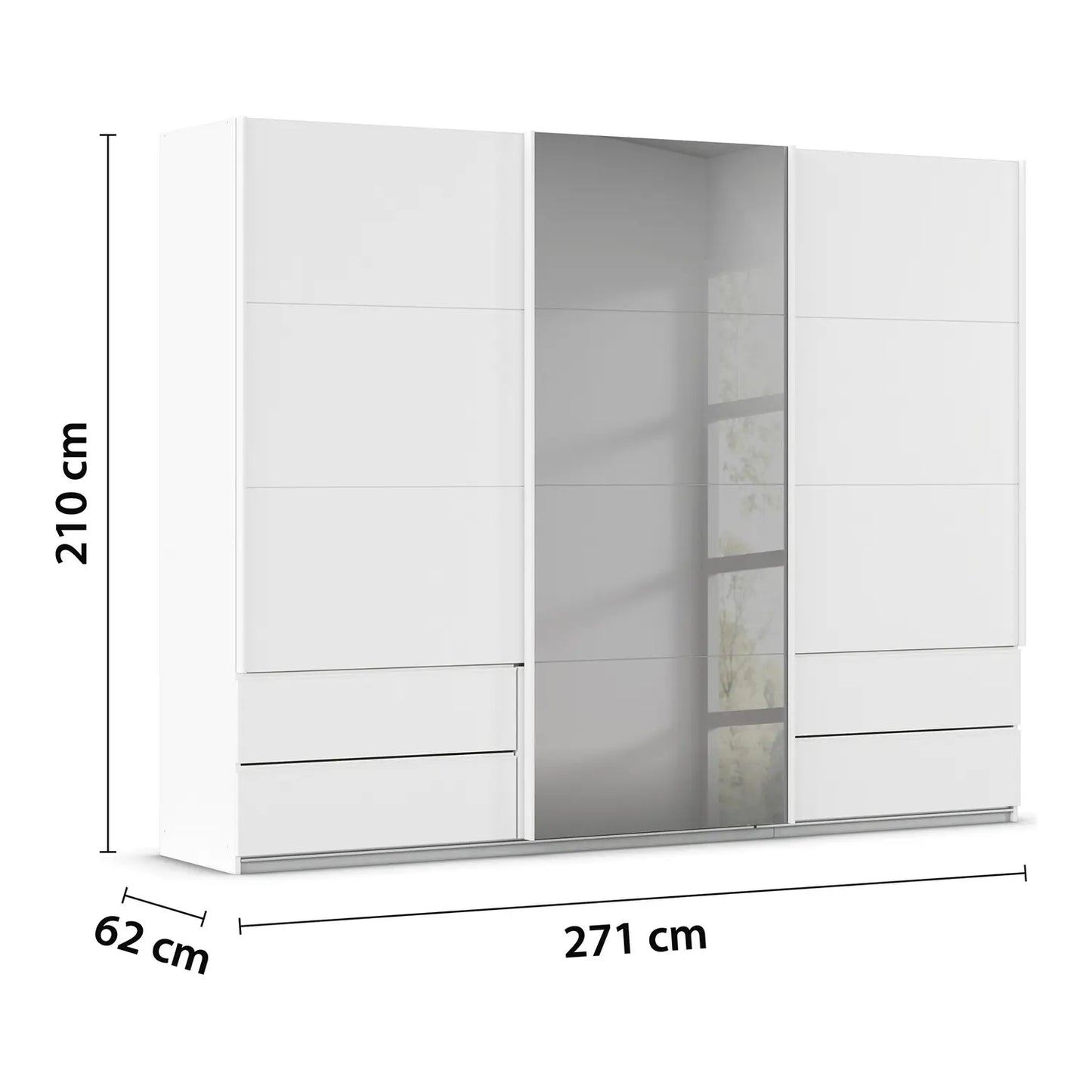 Elon 181cm White Sliding 3 Door Wardrobe with Drawers & Grey Mirror - Dimensions