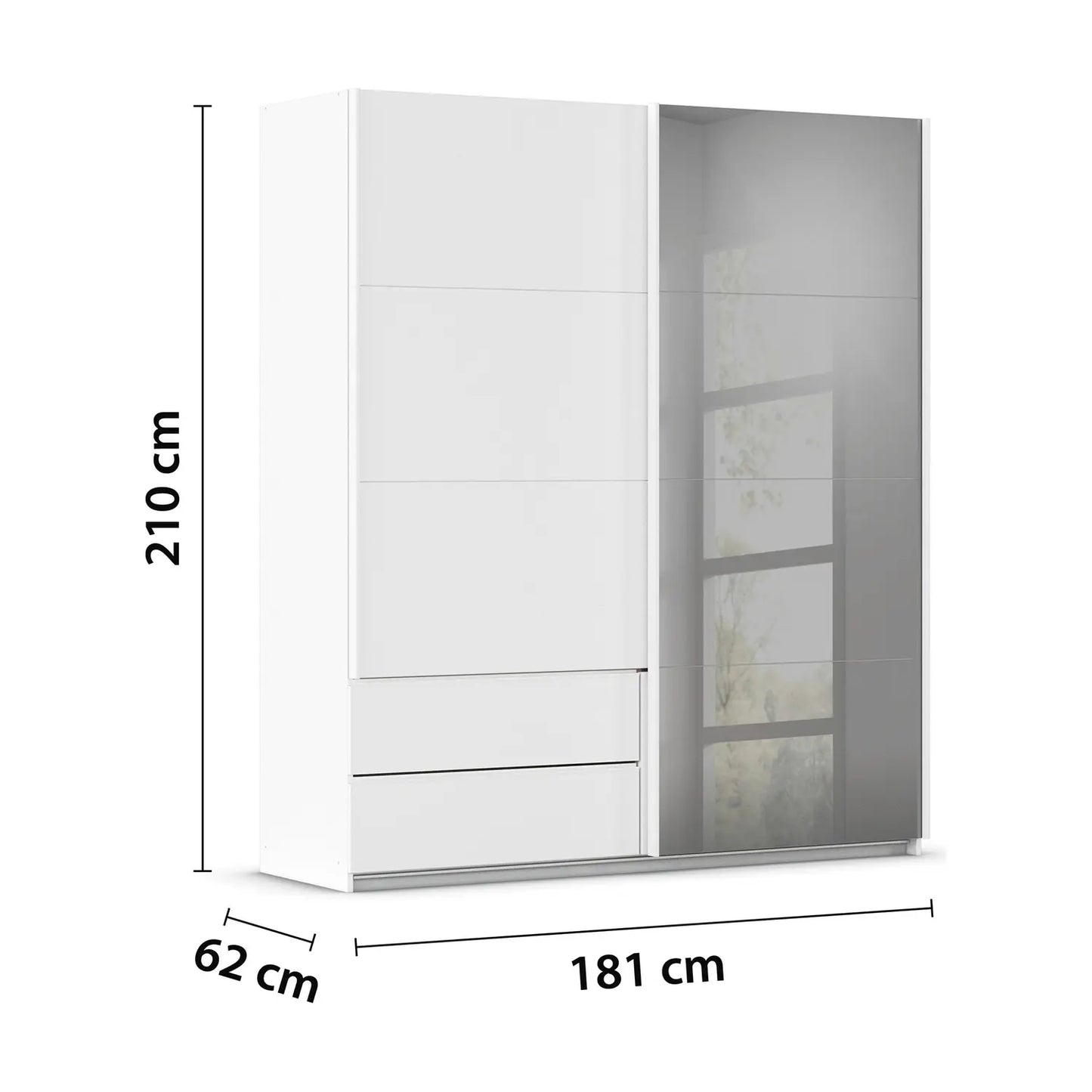Elon 181cm White Sliding 2 Door Wardrobe with Drawers & Grey Mirror - Dimensions