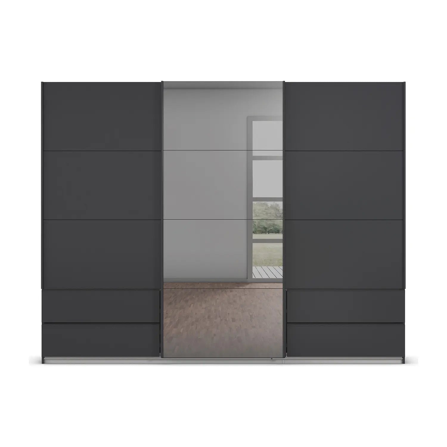 Elon Metallic Grey 181cm Sliding 3 Door Wardrobe with Drawers & Grey Mirror - Front view