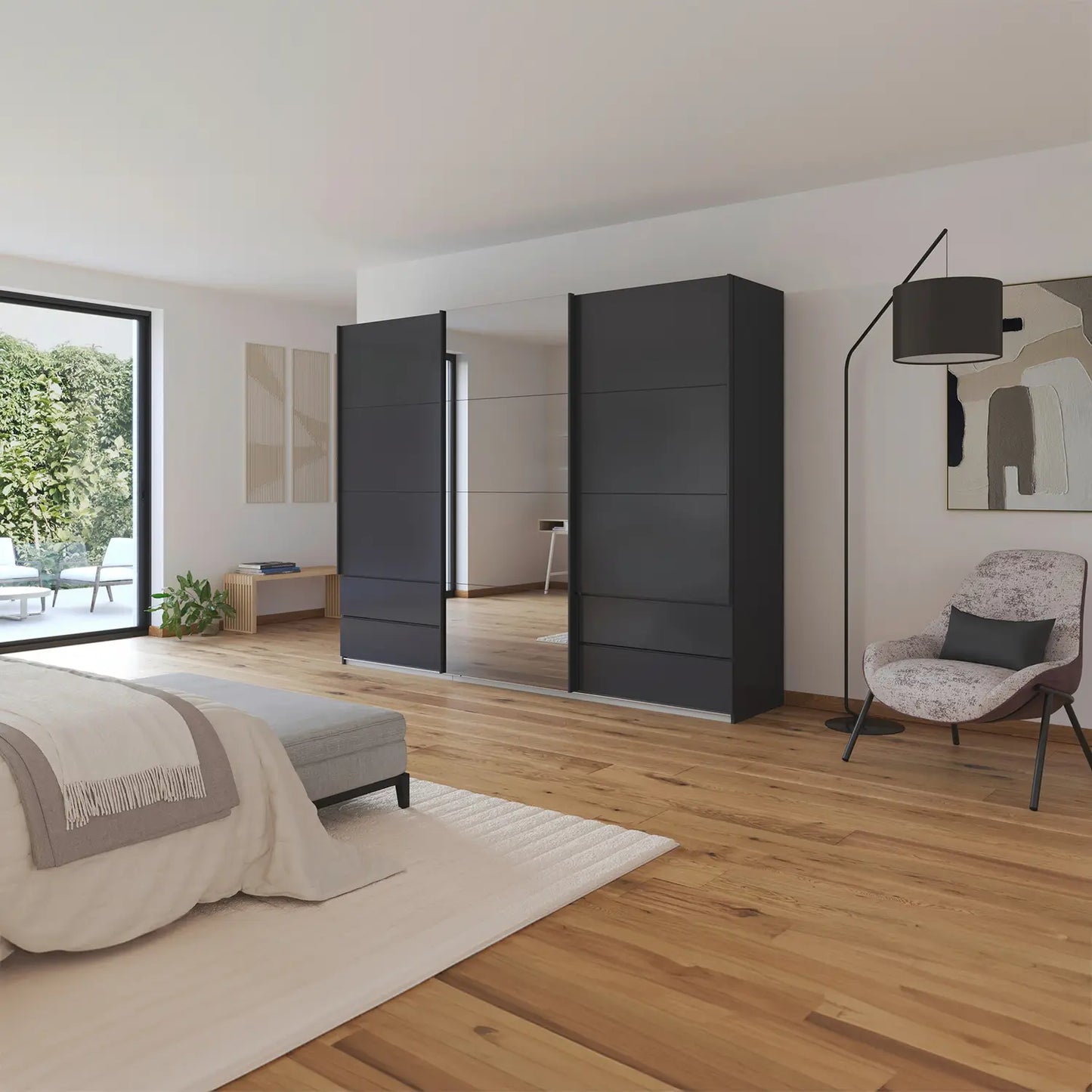 Elon Metallic Grey 181cm Sliding 3 Door Wardrobe with Drawers & Grey Mirror - Styled in a Bedroom