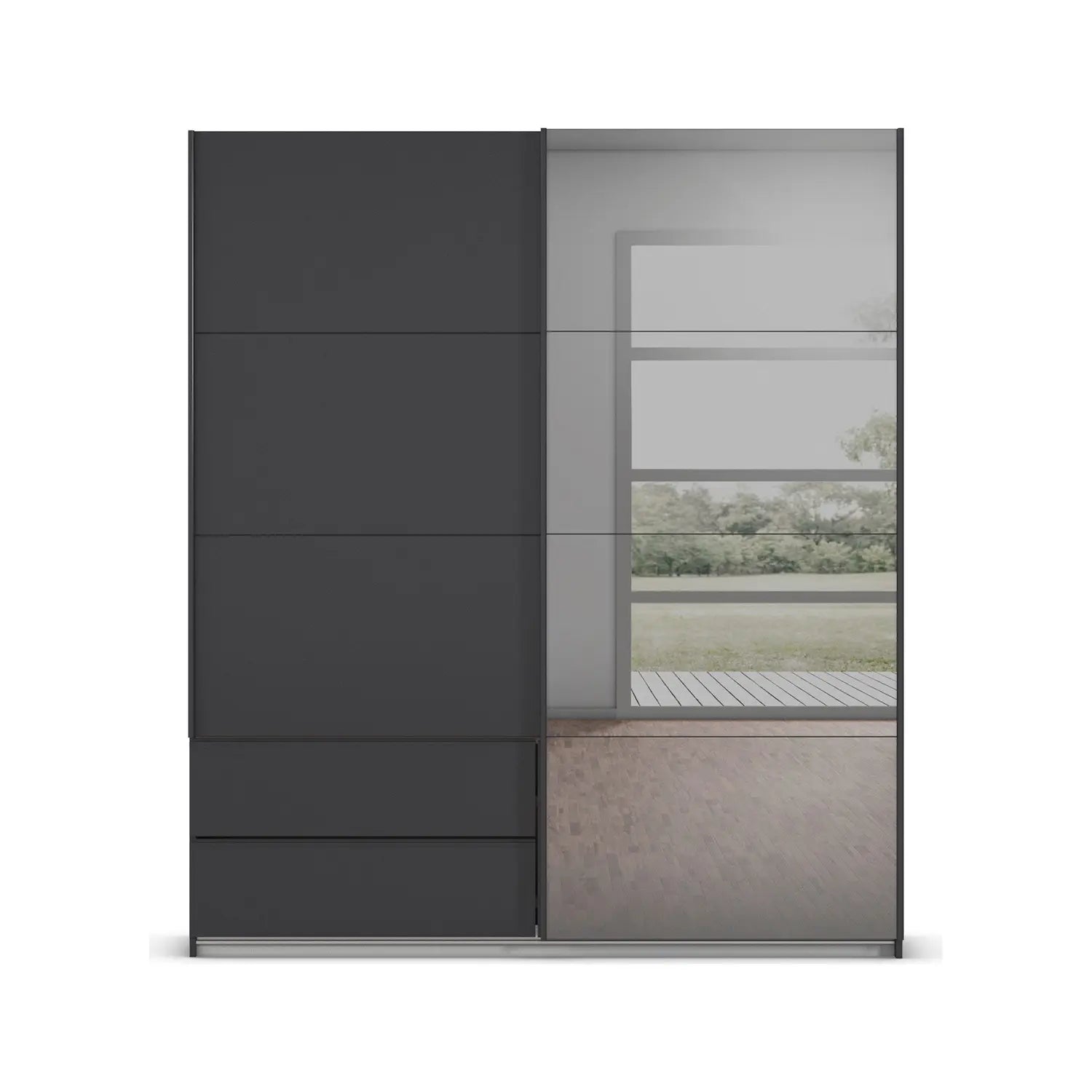 Elon Metallic Grey 181cm Sliding 2 Door Wardrobe with Drawers & Grey Mirror - Front view