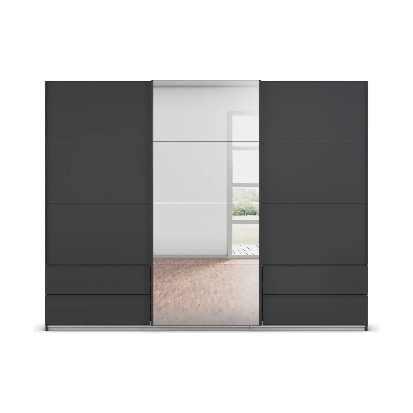 Elon Metallic Grey 181cm Sliding 3 Door Wardrobe with Drawers & Mirror - Front view