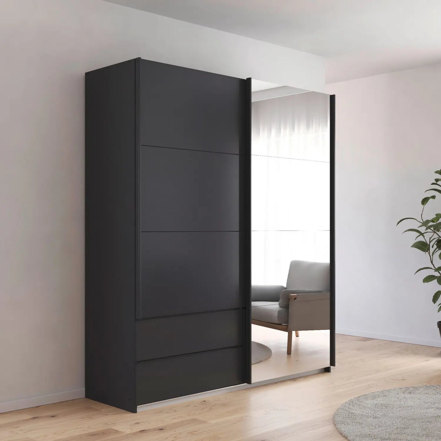 Elon Metallic Grey 181cm Sliding 2 Door Wardrobe with Drawers & Mirror - Styled in a Bedroom