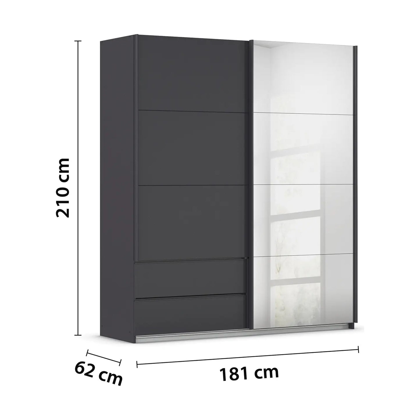 Elon Metallic Grey 181cm Sliding 2 Door Wardrobe with Drawers & Mirror - Dimensions