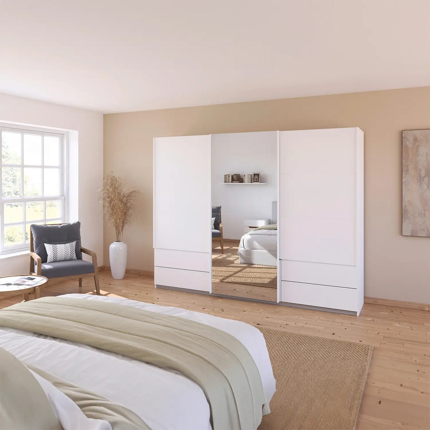 Elon White 181cm Sliding 3 Door Wardrobe with Drawers & Mirror - Styled in a Bedroom