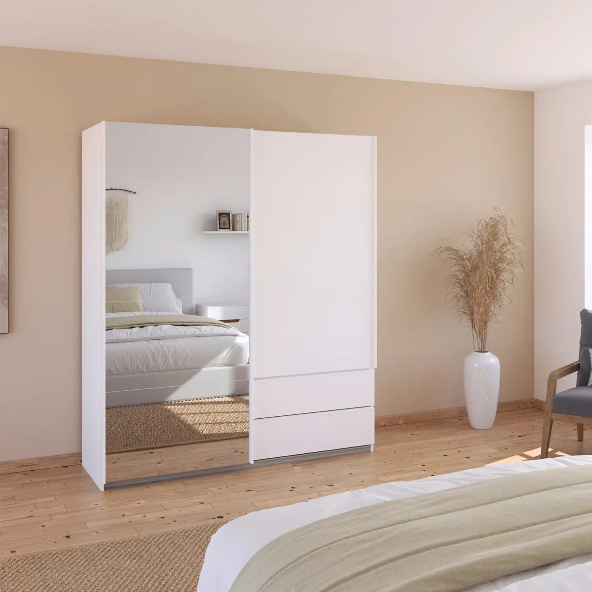 Elon White 181cm Sliding 2 Door Wardrobe with Drawers & Mirror - Styled in a Bedroom