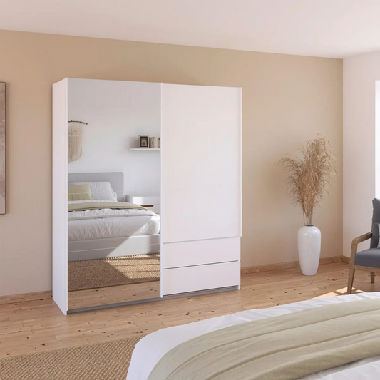 Elon White 181cm Sliding 2 Door Wardrobe with Drawers & Mirror - Styled in a Bedroom