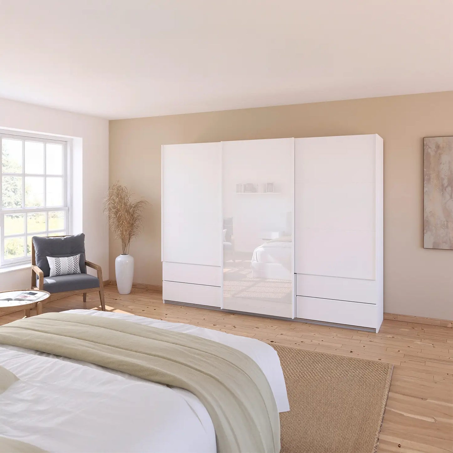 Elon 181cm White 3 Door Sliding Wardrobe with Drawers - Styled in a Bedroom